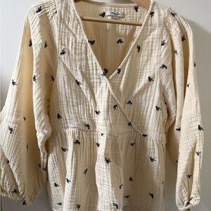 Madewell Cream Gauze Wrap Tunic with Black Embroidery